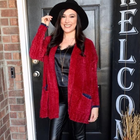 Hummingbird red chenille open cardigan sweater S/M - Picture 2 of 6